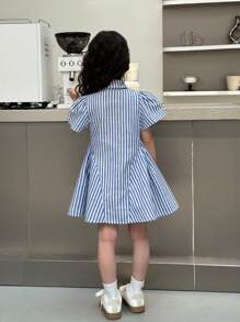 SHEIN Little Byeori Young Girl Woven Striped Collar Fitted Casual Tie Neck Dress - Blue and White - View 2