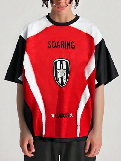 Men Letter Pattern Colorblock Drop Shoulder Knit Top