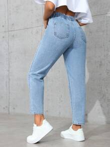 SHEIN PETITE Front Button Multiple Pockets Casual Denim Pants, Daily Wear - Light Wash - View 3