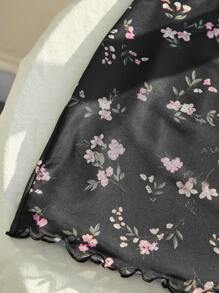 Comfortcana Summer Going Out Pink Floral Print Lettuce Trim Mesh Skirt