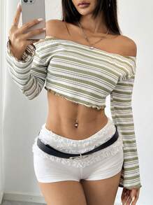 SHEIN Unity Green Striped Fabric Off Shoulder Casual Loose Cropped Long Sleeve T-Shirt - Multicolor - View 5