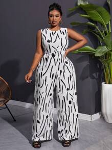 Slaydiva Plus Size Women's Casual Ink Brush Stroke Print Sleeveless Wide Leg Jumpsuit, Spring Summer - Black and White - View 6