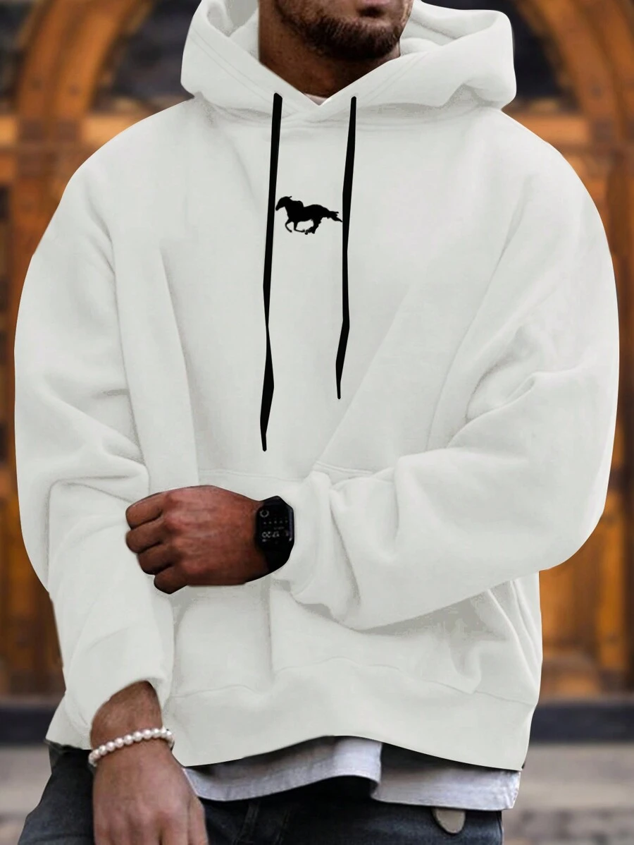EURMUSE Men Horse Pattern Kangaroo Pocket Drawstring Hoodie - White - View 1