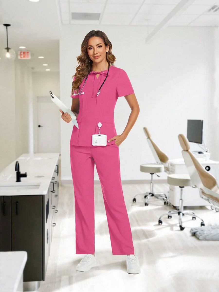 純色短袖上衣和褲子磨砂護士制服套裝，帶領結和口袋，夏季