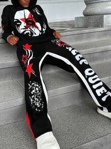 Manfinity Roghcode Conjunto de Moletom com Capuz e Calça Grafite em Estilo de Rua Gótico Escuro com Blocos de Cores Preta e Vermelha, Streetwear, Conjunto Masculino de Duas Peças, Preto e Branco, Halloween, Sair, Gráfico, Colorido, Presente para Namorado, Gótico - Multicolorido - Visão 8