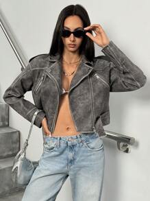 Aveloria Chaqueta corta de PU con diseño de empalme de manga con cremallera, decoración de bolsillos falsos, estilo motero, de tela lavada a la arena y de urbana