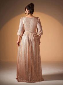 Plus Size V-Neck Ruched Bodice Sequin Decor A-Line Midi Dress Elegant Formal Evening Prom Wedding Guest Gown, For Graduation, Dinner Party Dress - 香檳色 - 查看 2
