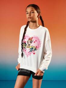 THE POWERPUFF GIRLS X SHEIN Sudadera oversized con estampado a cuadros blanco y rosa degradado y gráfico de dibujos animados para niña preadolescente - Blanco - Ver 7
