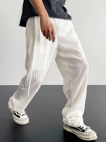 Claim Dot Men's Solid Color Side Buckle Loose Straight Casual Pants - White - View 5