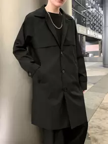 Manfinity Hypemode 男士休闲纯色中长款风衣，春秋季 - 黑色 - 查看 4