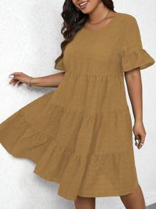 SHEIN LUNE Plus Size Casual Solid Color Ruffle Hem Dress - Brown - View 5