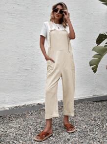 SHEIN LUNE Solid Color Overall Jumpsuit With Pockets And Straps - Beige - View 3