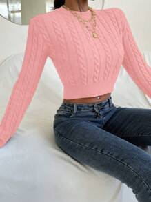 Chiquease Casual Solid Color Cable Knit Crop Sweater, Spring/Autumn Knit Pullover Fall Winter Outfit
