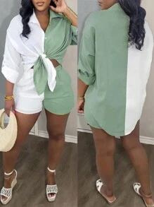 Slaydiva New Loose Casual Daily Summer Color Block Asymmetrical Hem Top And Shorts Set With Buttons - Multicolor - View 4