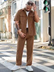 Manfinity Homme Men's Summer Solid Color Cargo Pocket Short Sleeve Shirt And Casual Pants Set - Camel - View 4
