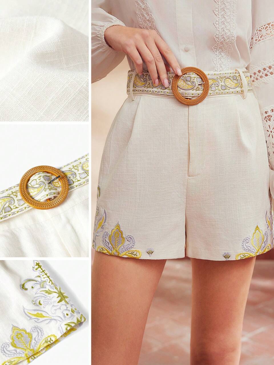 MOTF LINEN EMBROIDERY PLANTS PATTERN BUCKLE BELTED SHORTS