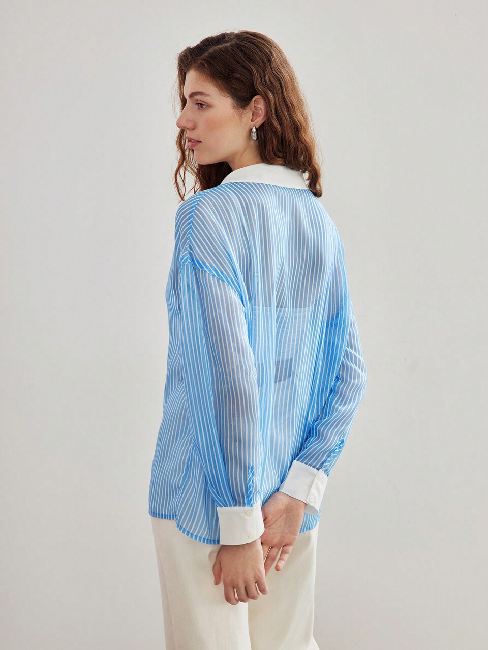 MOTF STUDIO STRIPED PRINT DROP SHOULDER OVERSIZE SEMI-SHEER SHIRT