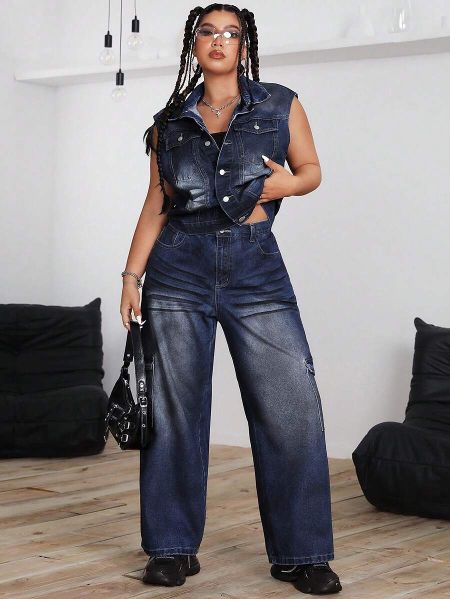 SHEIN ICON 大码女式口袋装饰休闲彩绘牛仔裤 - 藍色 - 查看 1
