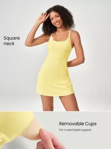 GLOWMODE Vestido mini activo con bolsillo, cuello cuadrado tipo "peekaboo", antiresbalante, con pantalón corto integrado de soporte ligero de baja intensidad, vestido de primavera y verano GLOWMODE FeatherFit™-Air