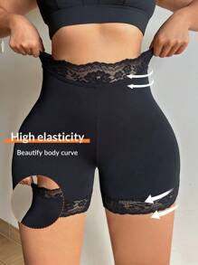 SHEIN Essnce Leggings curtas com controle de barriga e emenda de renda, cintura alta para mulheres Calças de moletom Leggings Calças cargo Moletom preto Looks para sair Leggings pretas Roupas de Halloween Looks de volta às aulas Exercícios Looks de outono preto Renda - Preto - Visão 2