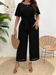 SHEIN Clasi Einfarbiger Rundhalsausschnitt Lässig Jumpsuit in großen Größen, Sommer