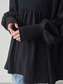 FRIFUL 女士休闲灯笼袖拼布宽松下摆衬衫，春秋装，黑色长袖，荷叶边 - 黑色 - 查看 6