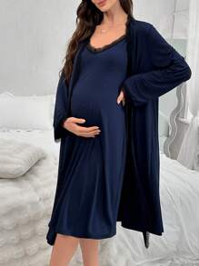 2 pezzi Set di camicia da notte e accappatoio in pizzo a scollo a V per maternità