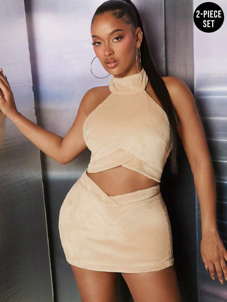Fuzzy Halter Top & Mini Skirt Two Piece Set