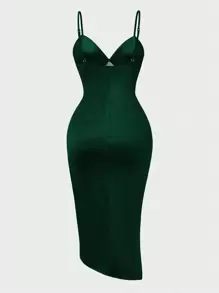 SHEIN Belle Vestido de verano de talla grande, elegante, con patchwork de jacquard, arrugado y con tirantes divididos - Verde Oscuro - Ver 2