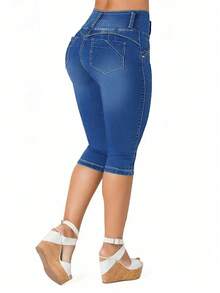 High Waist Butt Lifting Stretch Capri Jeans For Women - 3 Button Skinny Fit Push Up Denim Pants Summer Casual Sculpting Look - 中等水洗藍 - 查看 2