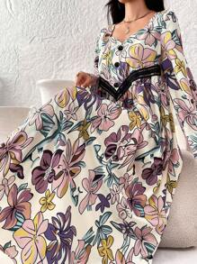 Al Najma Elegante, losse, bescheiden jurk met lange mouwen en willekeurige bloemenprint voor dames