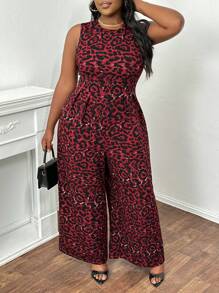 Slaydiva Plus Size Dzianinowy kombinezon z zabudowanym dekoltem, bez rękawów i nadrukiem w panterkę oraz z szerokimi nogawkami