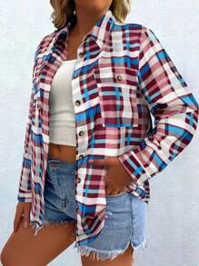 SHEIN LUNE Camisa casual de manga larga con botones en el bolsillo delantero y estampado de cuadros para tallas grandes
