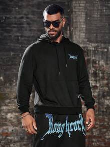 Manfinity LEGND Plus Size Men's Letter & Skull Print Drawstring Sweatshirt And Pocket Pants Set,Halloween Clothes , Party , Goth , Plain , Letter - Black - View 1