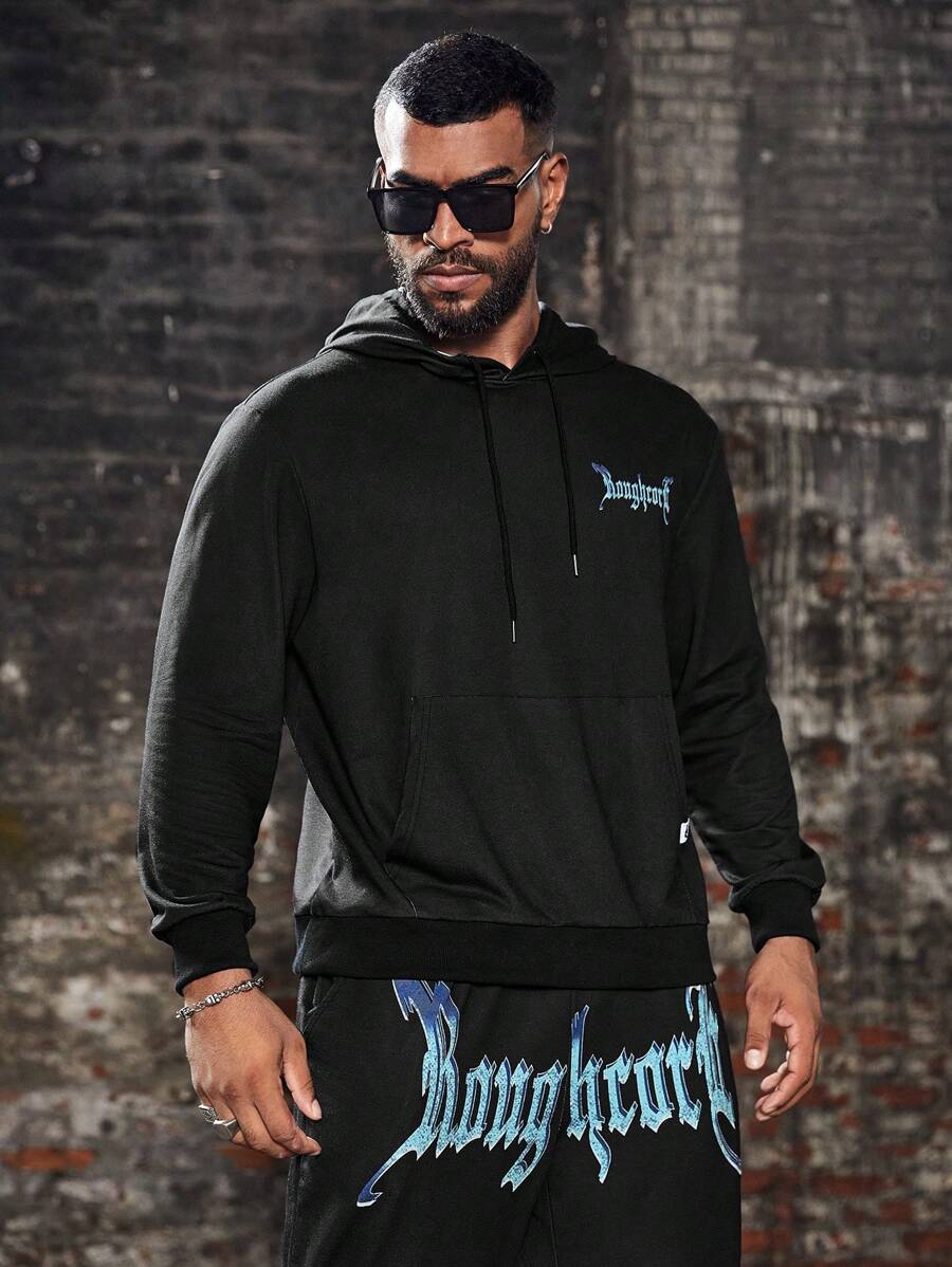 Manfinity LEGND Plus Size Men's Letter & Skull Print Drawstring Sweatshirt And Pocket Pants Set,Halloween Clothes , Party , Goth , Plain , Letter - Black - View 1