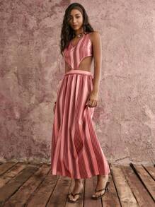 COSMINA Women's Casual Elegant Vacation Style Orange Pink Taupe Red Striped Cutout Waist Sleeveless Dress - Multicolor - View 6