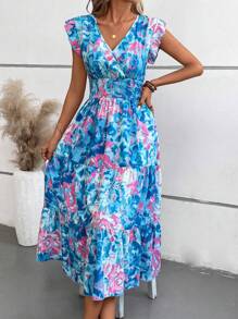 Breezaya Robe longue avec imprimé tout-sur-tout et volants pour les vacances d'été, tenue de plage pour femmes