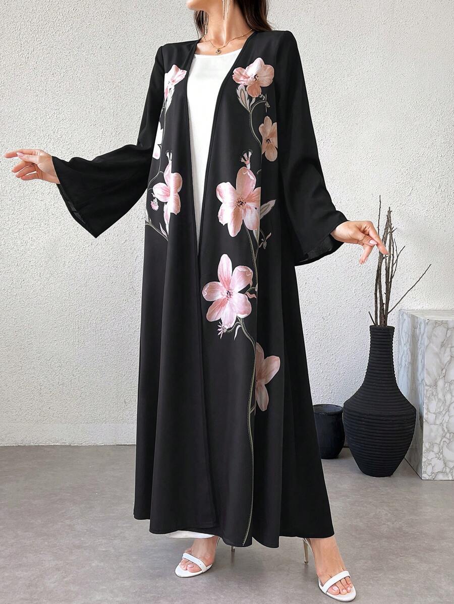 Al Najma 女士花卉印花优雅长袖阿拉伯长袍 - 彩色 - 查看 1