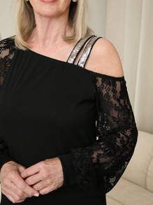 SHEIN LUNE Áo ren đơn giản màu trơn cho nữ để mặc hàng ngày - màu đen - Xem 6