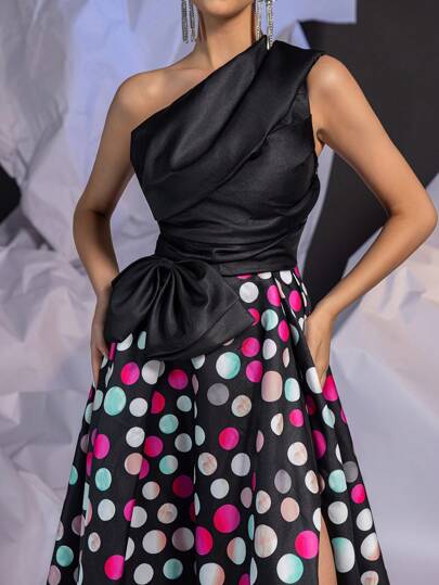 SHEIN Belle Elegante y hermoso vestido de fiesta de largo hasta el suelo de satén con parches y lunares, con decoración de moño (muy adornado), vestido de graduación y cena, para invitados de boda