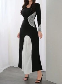 Modelyn Robe longue à manches longues et col en V avec bloc de couleurs pour femmes, robe de soirée élégante pour soirée