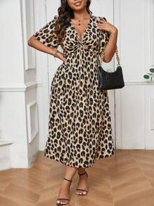 SHEIN Frenchy Plus Size Fall Vintage Leopard Print Short Sleeve Kink Cinched 
Waist Dress - Multicolor - View 4