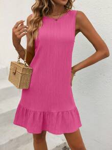 Breezaya 夏季圆领纯色荷叶边下摆无袖连衣裙度假海滩装女装 - 玫紅色 - 查看 4