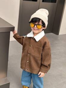 SHEIN 1pc Young Boys Casual Comfortable Fashion Simple Loose Fit Corduroy Lined Jacket, Suitable For Bomber Jacket, Varsity Jacket, Y2K Jacket, Boys Jacket, Kids Outfits, Young Boy Clothes, School Back To School Outfits, Suitable For Daily Wear, School, Travel, Sports, Autumn/Winter Season