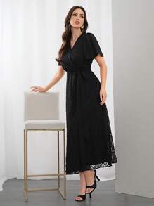 Modelyn 女士网眼荷叶边短袖连衣裙长款晚礼服 - 黑色 - 查看 4