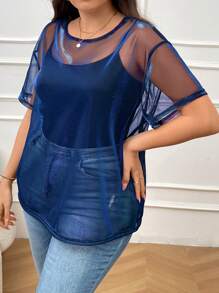 SHEIN Essnce Plus Size Sheer Iridescent Crew Neck Loose Fit Short Sleeve Blouse For Women - Blue - View 5