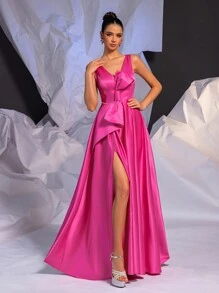Glamrae Elegantes Abendkleid mit tiefen V-Ausschnitt, hohem Schlitz, asymmetrischer Schleife, für Date, Junggesellinnenabschied, Hochzeit, formelle Anlässe, elegante Dinnerparty, Abschlussball, für Hochzeitsgäste, Abschlussfeier