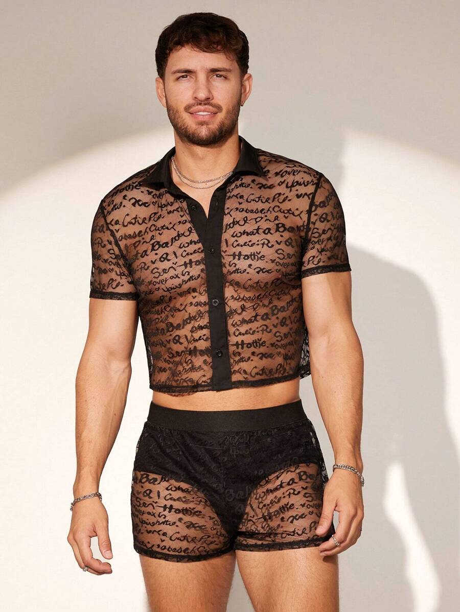 FeverCity Men's Jacquard Mesh Short Sleeve Shirt Set, Suitable For Summer - Black - View 1