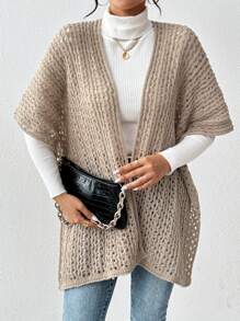 SHEIN LUNE Women Vintage Style Solid Color Hollow-Out Knitted Cardigan Shawl - Khaki - View 3