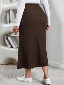 SHEIN Essnce Plus Size Summer And Autumn Casual Slim Fit Comfortable Brown Textured Fabric Elastic Waist Long Skirt,Back To School Clothes,Fall - Coffee Brown - View 2